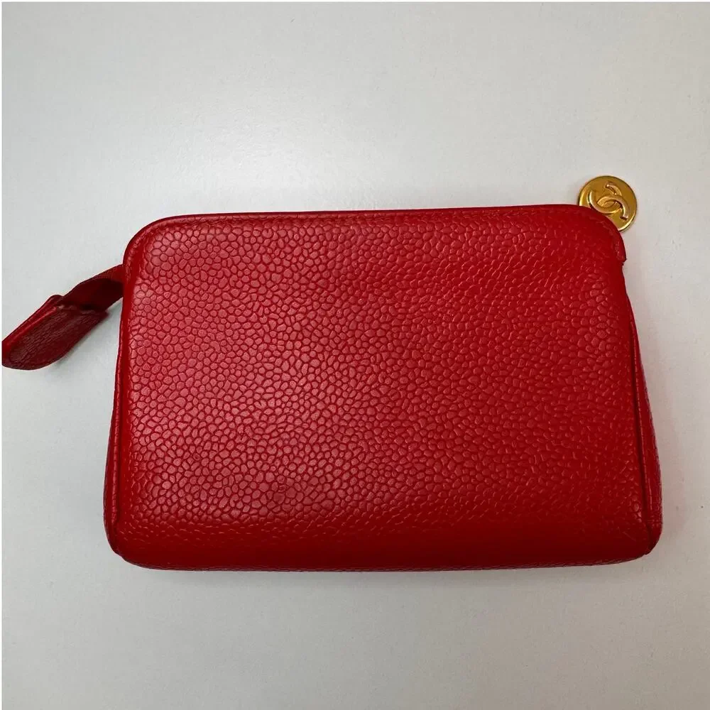 Vintage CHANEL Red Caviar Caviar Leather CC Top Zip Coin Change Card Wallet Bag